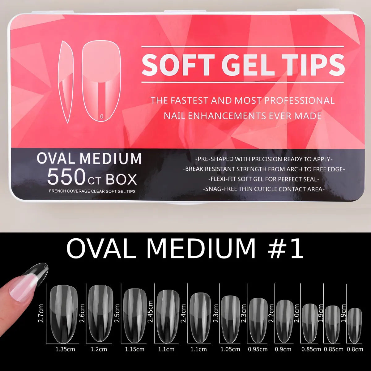 TIPS SOFT GEL OVAL MEDIUM 550U (CAJA ROJA)